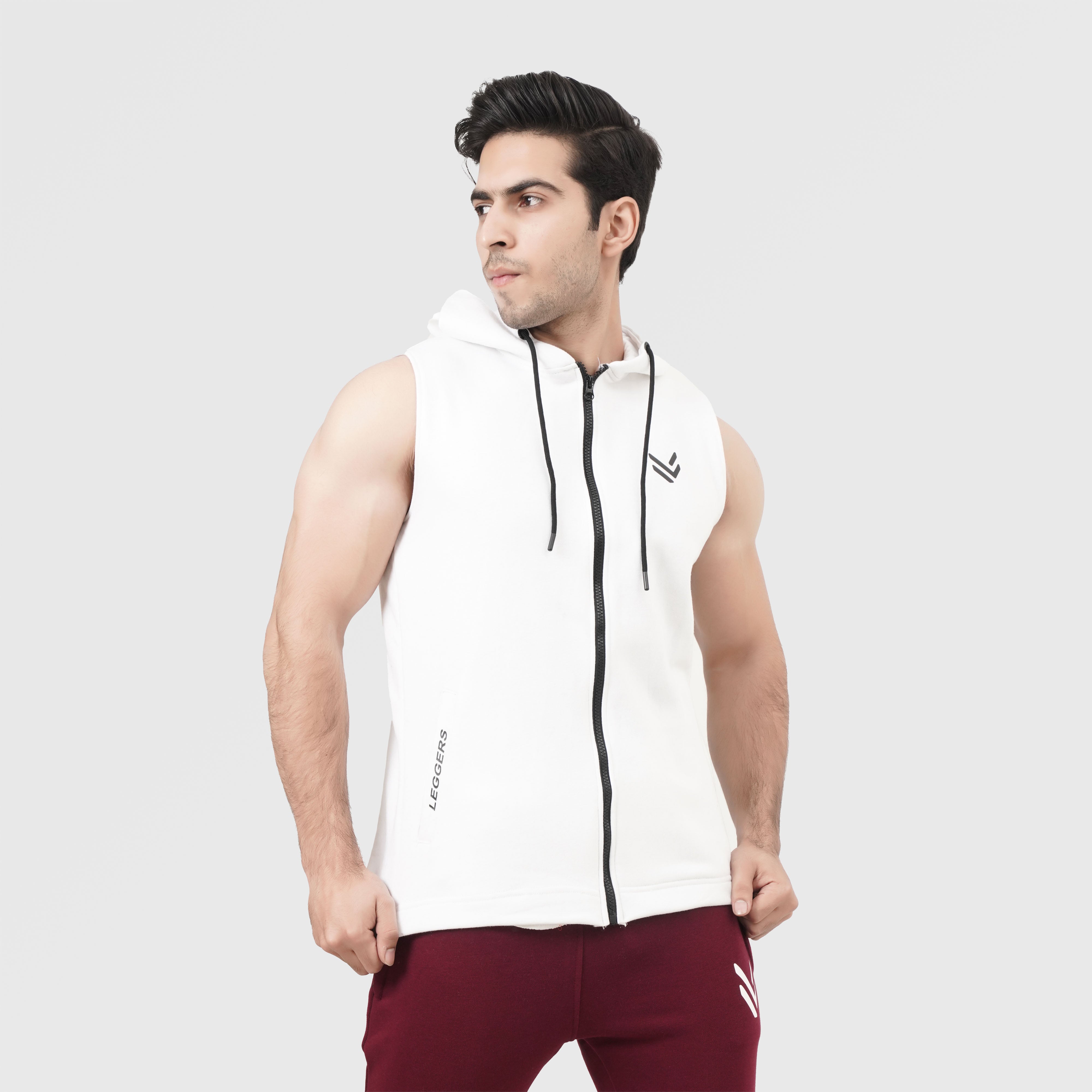 White Zipper SLEEVELESS HOODIE