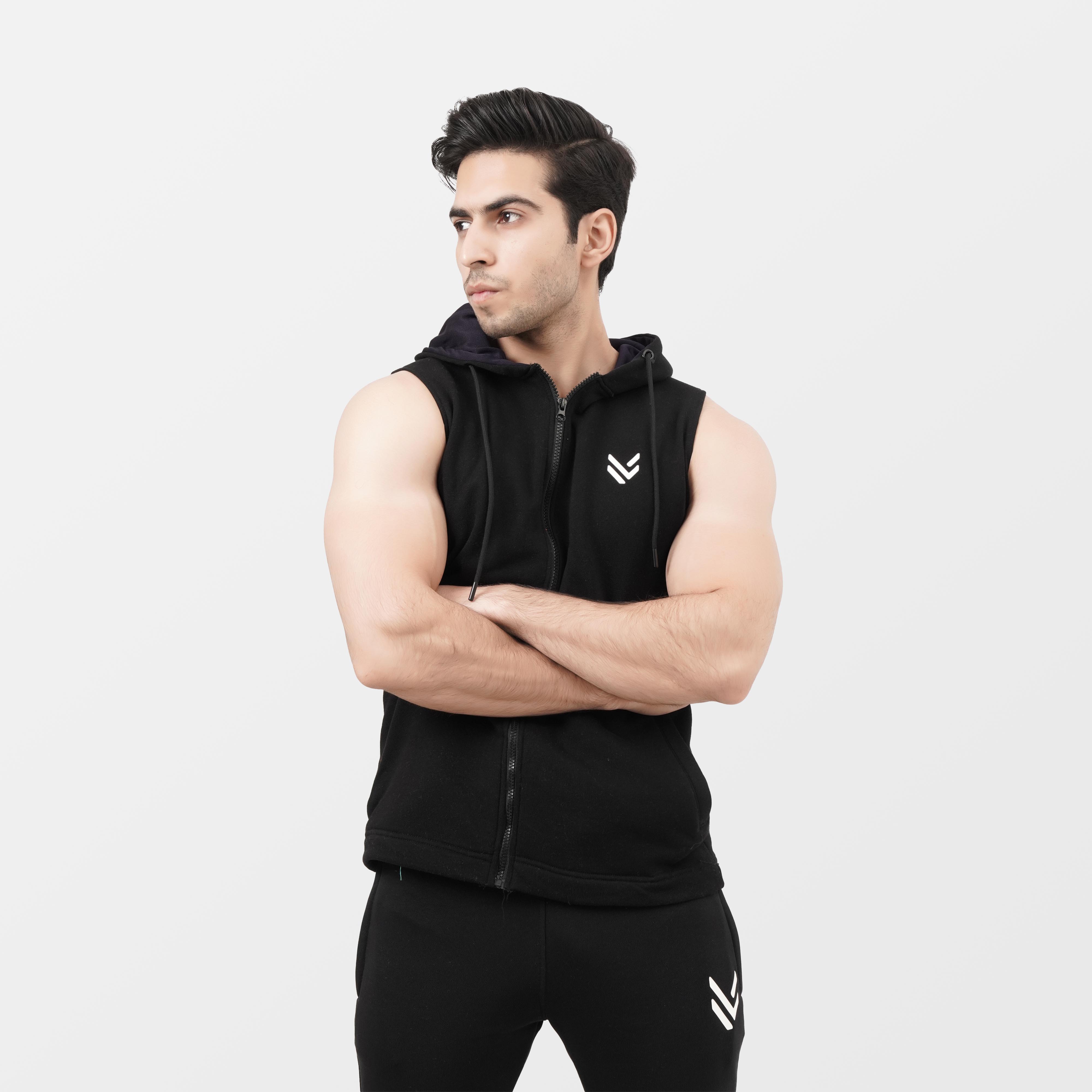 Black Zipper SLEEVELESS HOODIE
